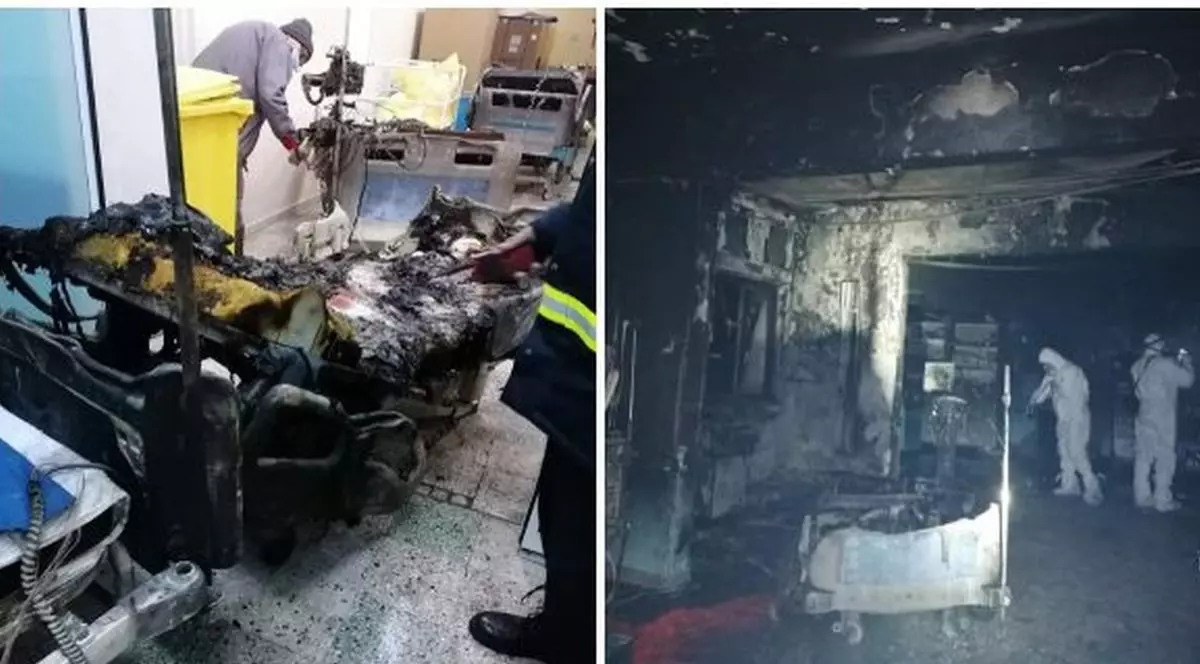 Paturi dintr-un salon ATI de la spitalul din Piatra Neamț sunt arse, pereții sunt înnegriți după incendiu, 2020