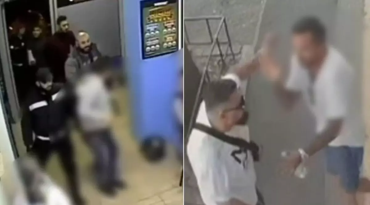 Colaj din două fotografii cu interlopii din București, filmați de camerele de supraveghere când îi lovesc pe oamenii care jucau la agenția de pariuri