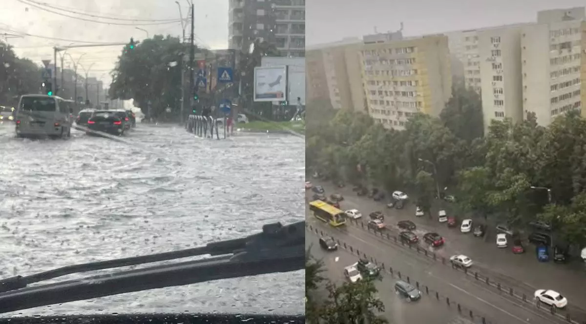 Intersecția de la Mall Plaza România inundată complet și Șoseaua Colentina inundată, mașinile circulând cu dificultate.