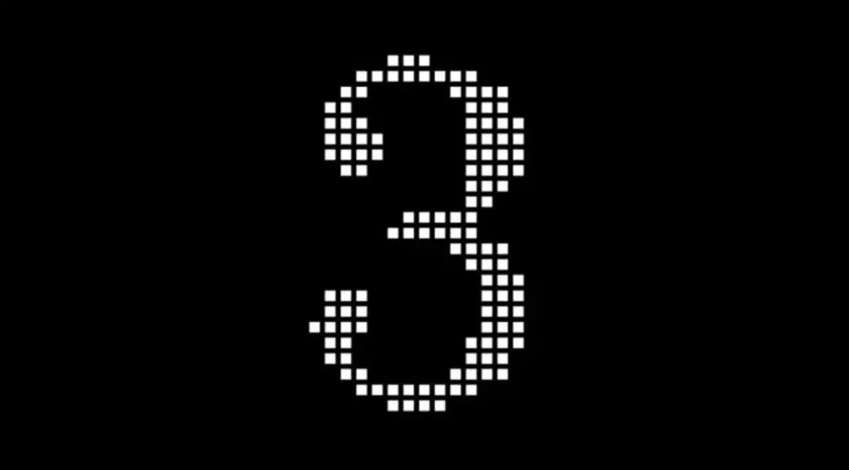 Cifra 3 stilizată în genul logo-ului producătorului de telefoane Nothing, pe un fundal negru.