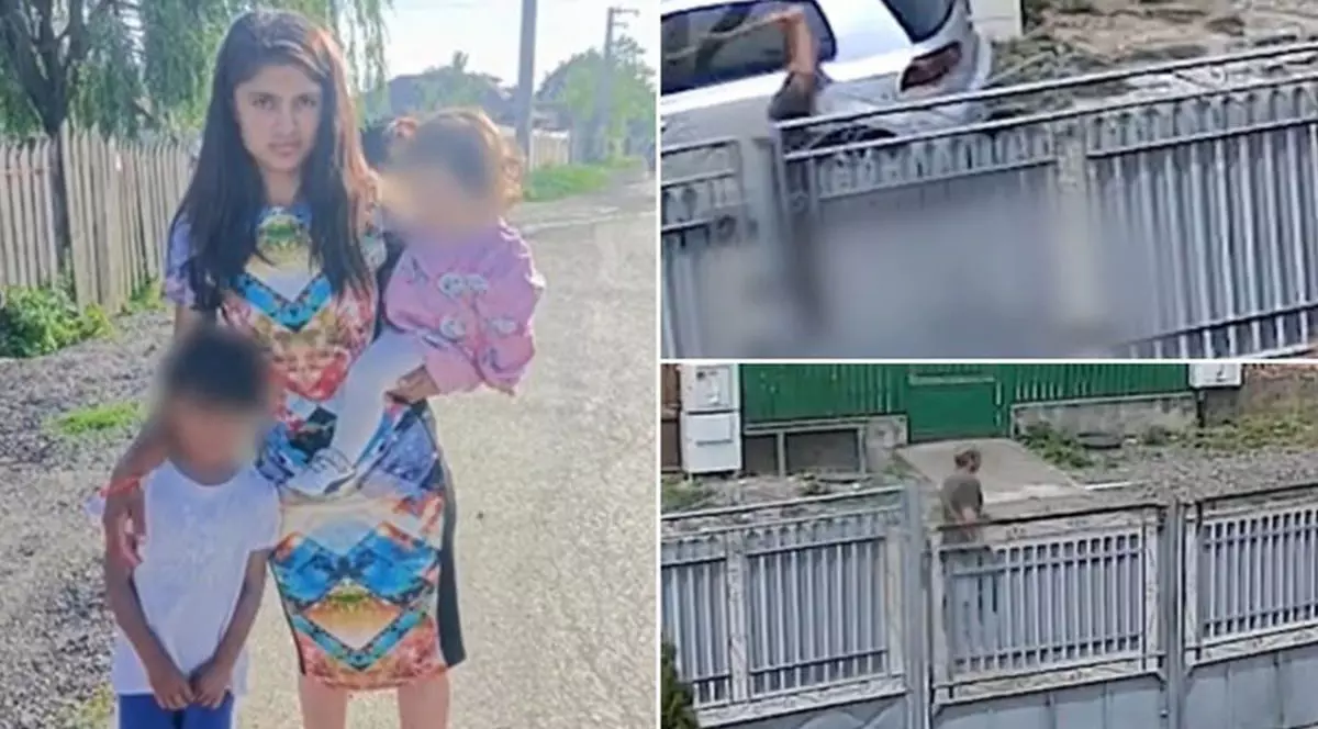 Un colaj foto, în care în partea stângă este o tânără de 22 ani în rochie colorată, cu un copil în brațe și unul în picioare lângă ea, pe un drum de țară. În dreapta sus, se vede o mână de bărbat cu un topor, gardul gri al unei gospodării și o mașină albă, iar în dreapta jos, bărbatul care trece pe un drum de țară, cu porți în ambele părți. Femeia a fost ucisă de bărbat cu un topor, în Prahova, Boldești-Scăeni, 16 iunie 2025