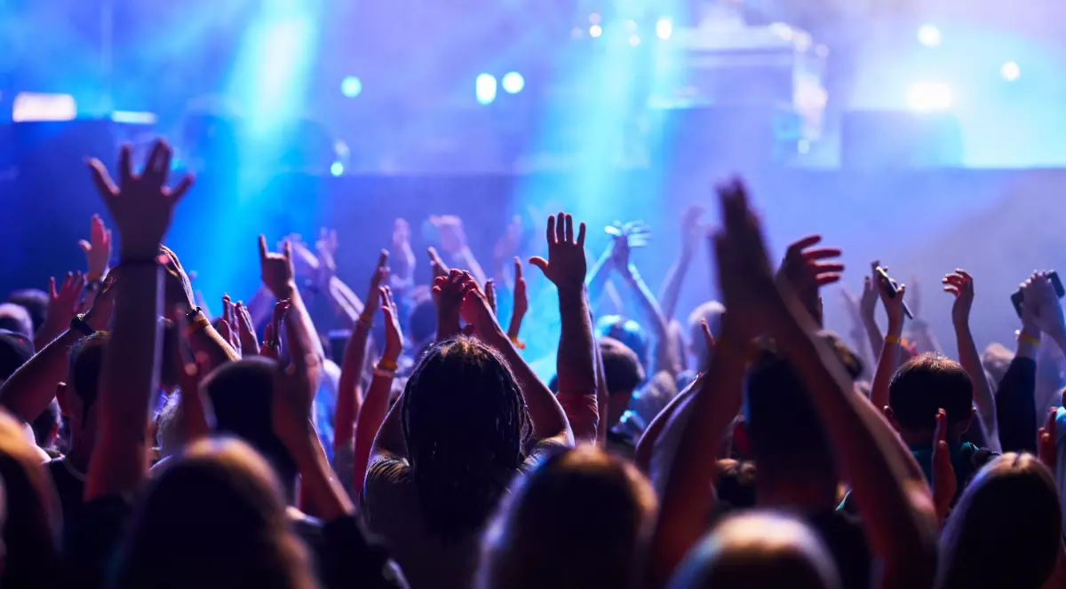 Oameni care se află la un concert, cu mâinile ridicate