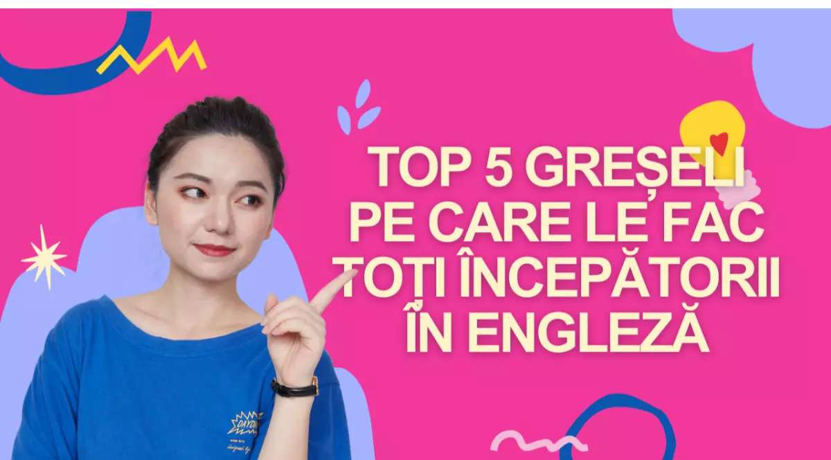 Femeie asiatica pe funda roz, arata cu degetul catre un scris; Top 5 greseli pe care le fac toti incepatorii in engleza