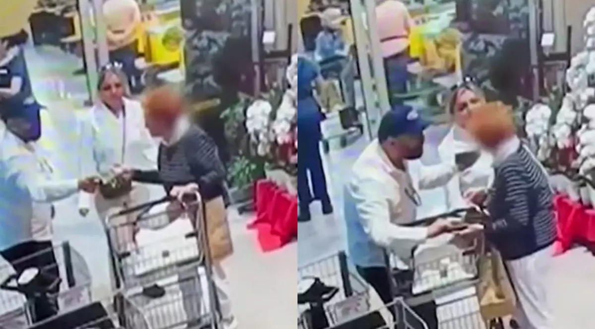 Momentul în care cei doi hoți români abordează o femeie într-un supermarket din SUA și îi arată hârtia de 20 de dolari, amândoi stau lângă victimă în timp ce aceasta umblă în geantă.