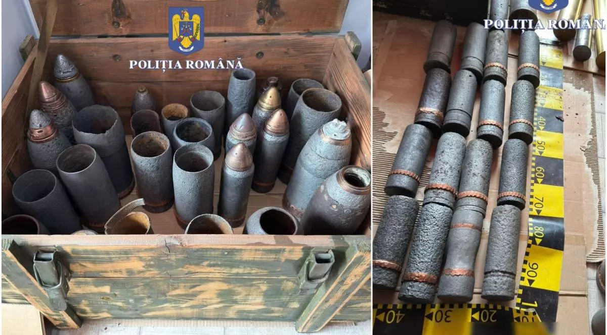Proiectile perforante pentru obuz, tuburi de obuz de diverse tipuri, obuze și stabilizatoare de aruncător, găsite de Poliția Timiș în casa unui bărbat din Lugoj
