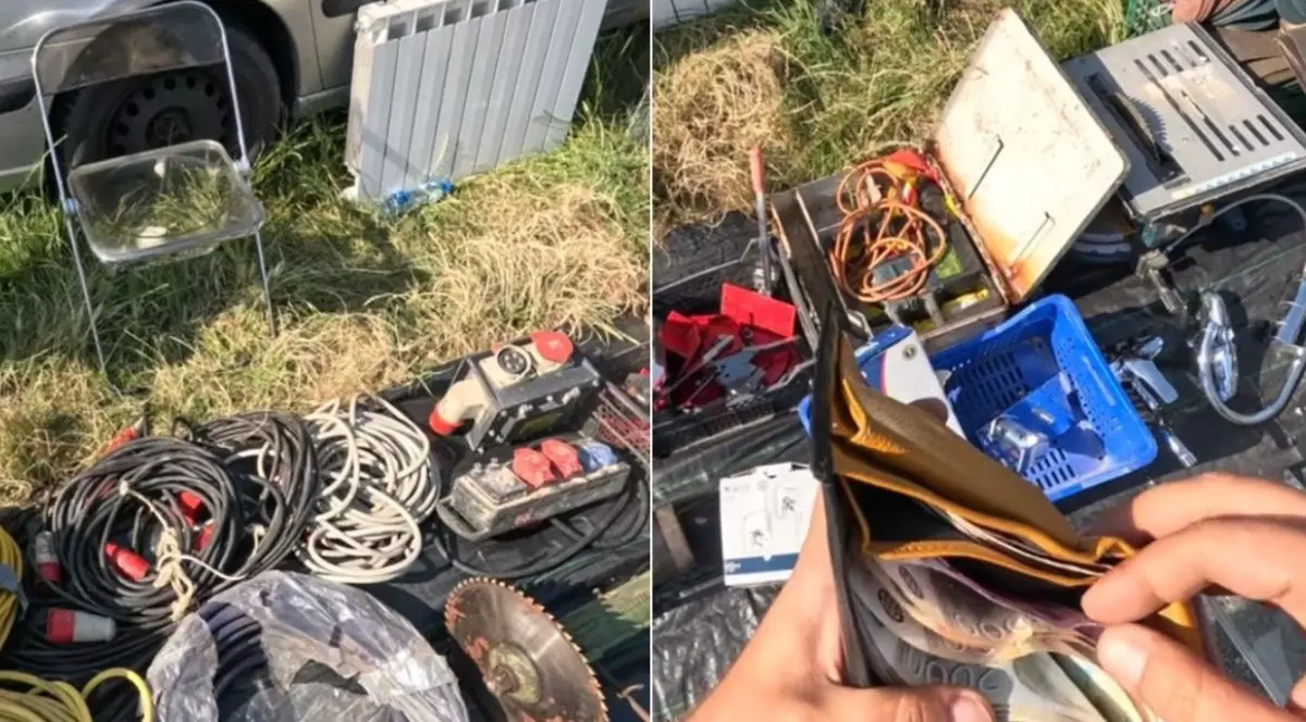 Colaj din două fotografii: în stânga apar vechiturile întinse pe iarbă, lângă o mașină, iar în dreapta mâinile unui bărbat care umblă într-un portofel deasupra vechiturilor din târg