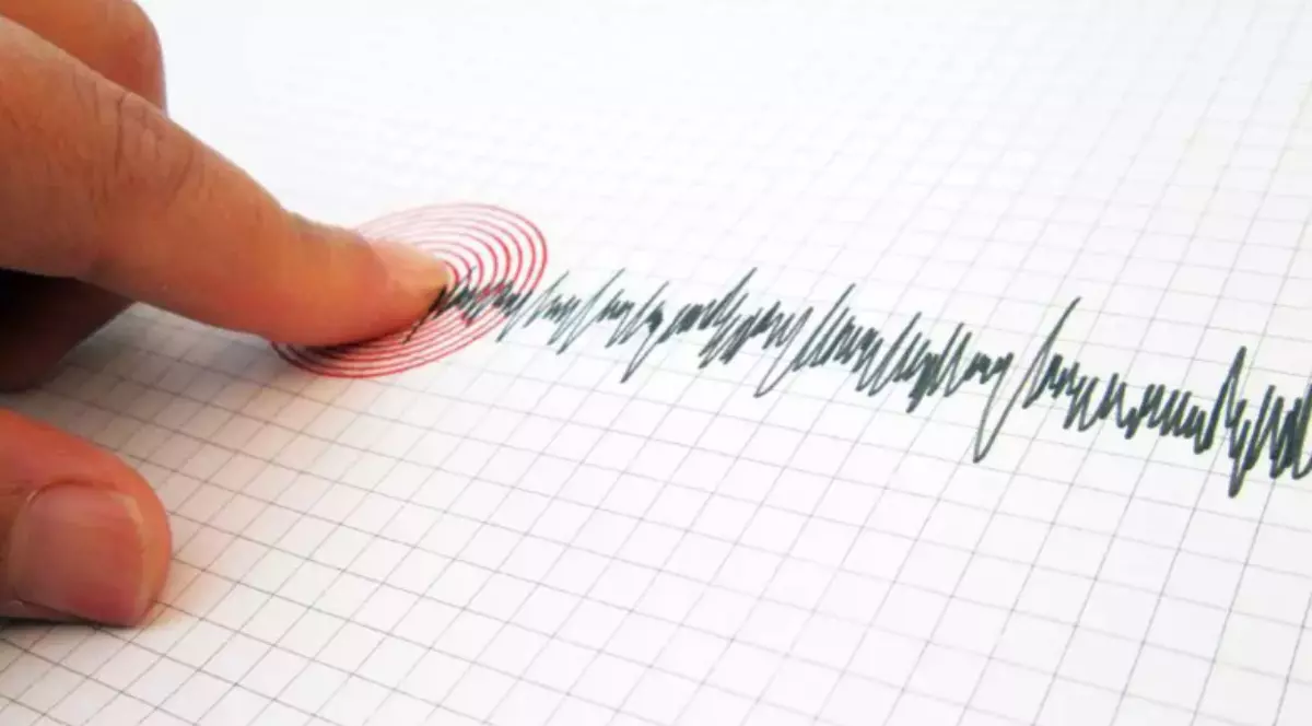 Imaginea arată un deget care atinge o foaie de hârtie pătrată pe care este trasată o linie cu înregistrările unui seismograf — instrument folosit pentru a detecta și înregistra cutremurele.