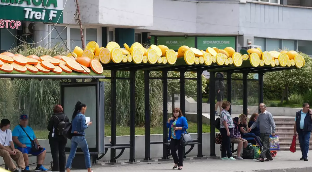 Mai mulți oameni așteaptă într-o stație de autobuz decorată cu lămâi și portocale - craiova, iunie 2025