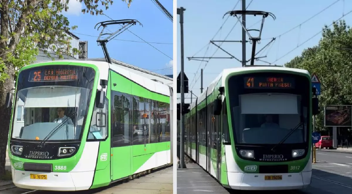 Două tramvaie, alb și verde, ale STB, care circulă pe liniile din București