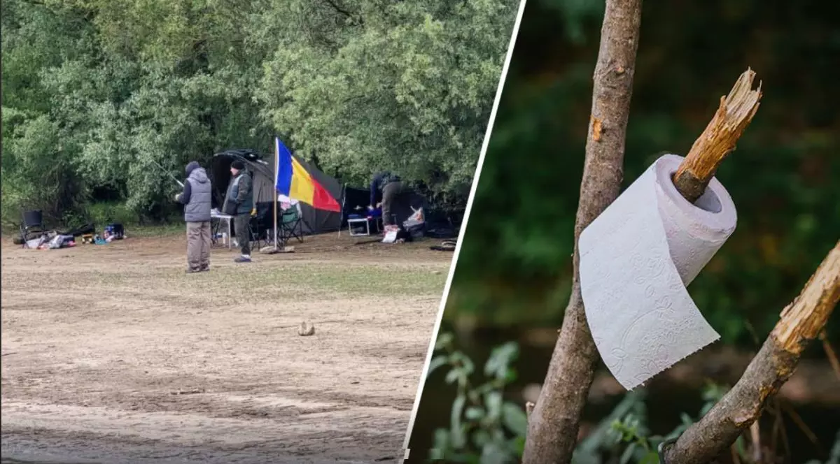 Câțiva pescari care au lângă ei steagul României, pe marginea unei bălți, iar în dreapta este un sul de hârtie igienică pus agățat de creanga unui copac, în Olanda