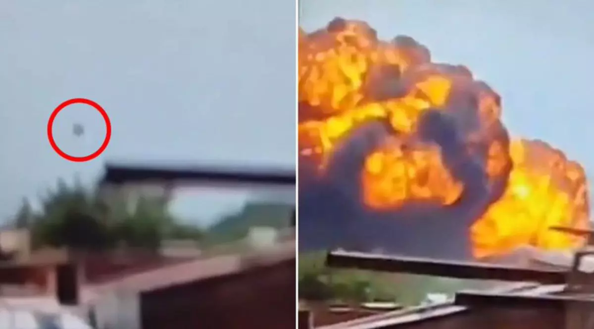 Colaj 2 fotografii una cu un obiect mic intr-un cerc rosu deasupra unor case, in dreapta o explozie puternica deasupra unor case