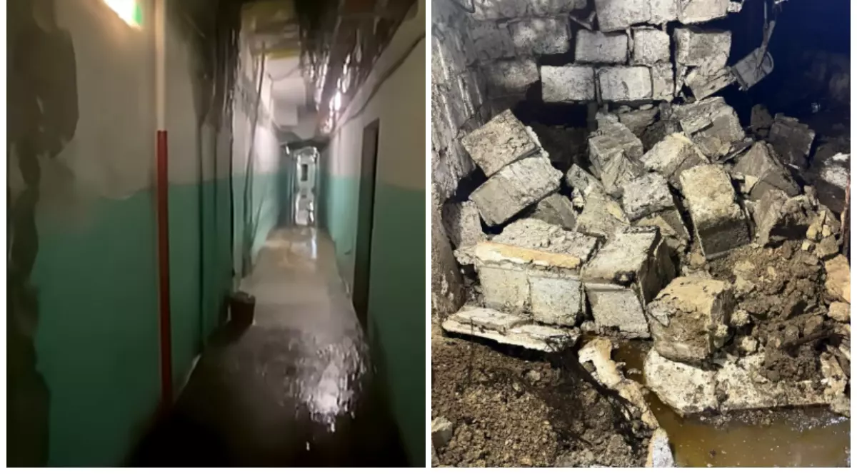 Imaginea surprinde un coridor subteran deteriorat, cu infiltrații vizibile și tavan expus, indicând o infrastructură în stare precară. În dreapta, un zid de beton s-a prăbușit complet.