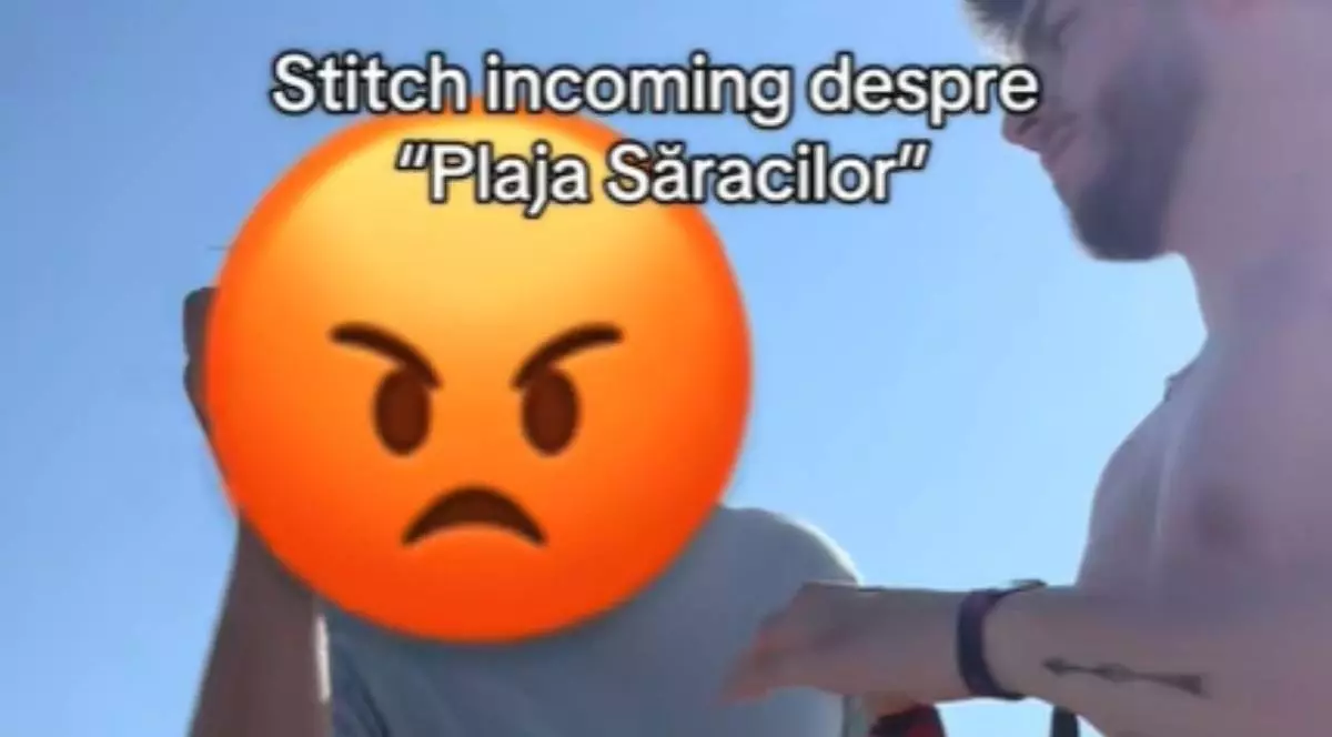 Imagine cu administratorul plajei (stânga) care are fața acoperită cu un emoji care exprimă furie. În dreapta se află un tânăr dezbrăcat care ține în mână un recipient