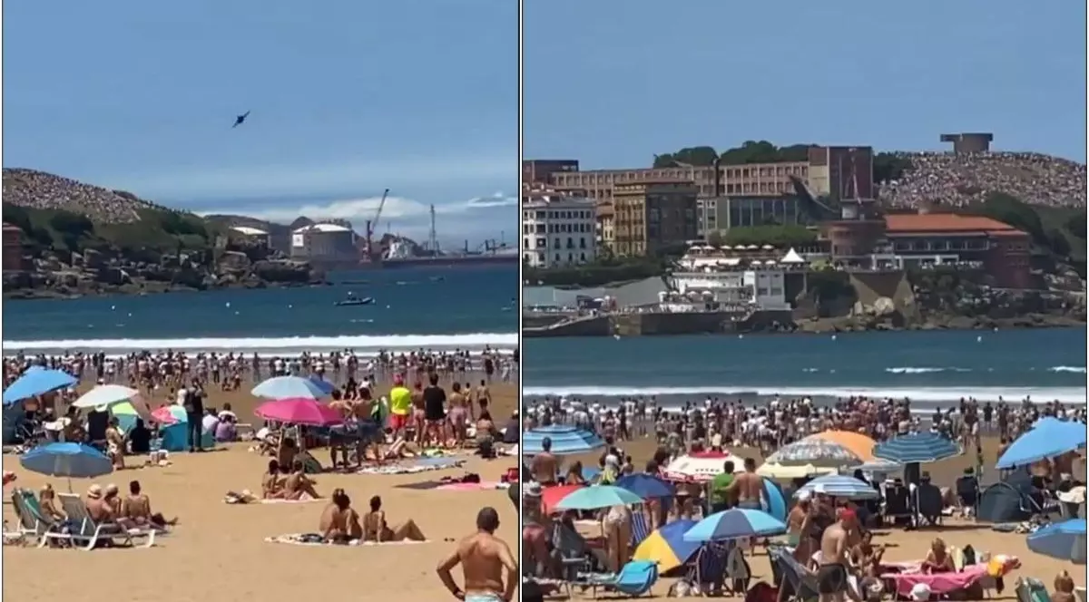 Avionul Hornet zbura la o altitudine foarte joasă spre plajă, care era plină de spectatori, aproape perpendicular pe țărm, când a executat brusc o rostogolire puternică spre dreapta, Spania, 27 iulie 2025