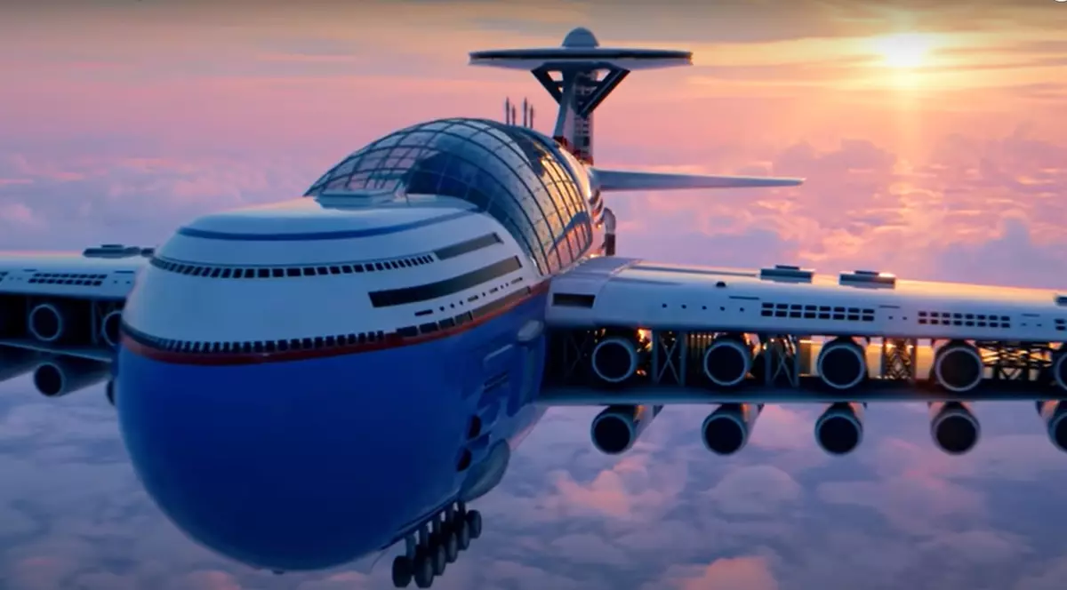 O randare cu avionul-hotel, în timp ce zboară deasupra norilor