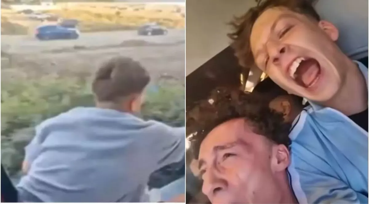 În stânga colajului foto, este fotografiat cu spatele băiatul care a sărit din trenul aflat în mers. Este cu tricou bleu, iar în depărtare se văd două mașini pe șosea. În dreapta, este un tânăr cu gura larg deschisă, care pare să țipe, iar lângă el se vede un alt adolescent, Costinești, iulie 2025