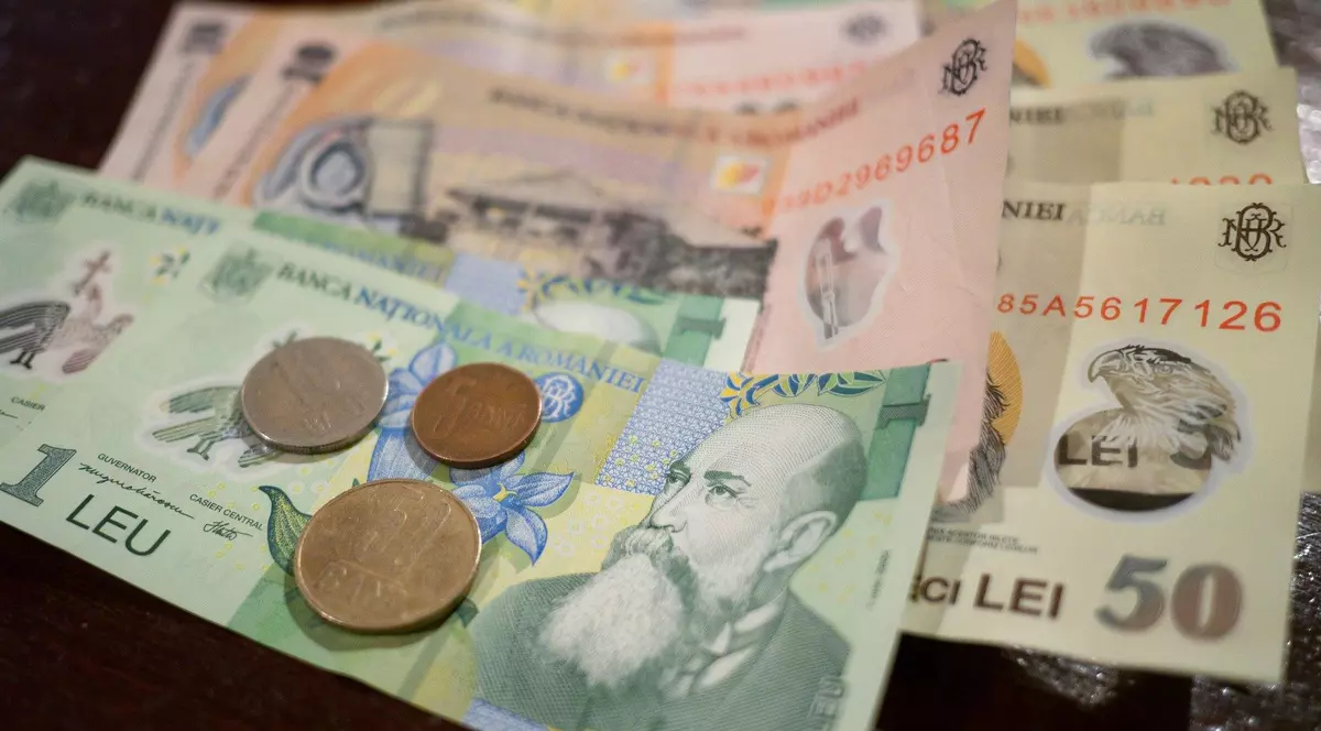 Imagine cu mai multe bancnote de 50 de lei, 10 lei și 1 leu. Pe bancnota de 1 leu se află o monedă de 50 bani, una de 10 bani și una de 5 bani