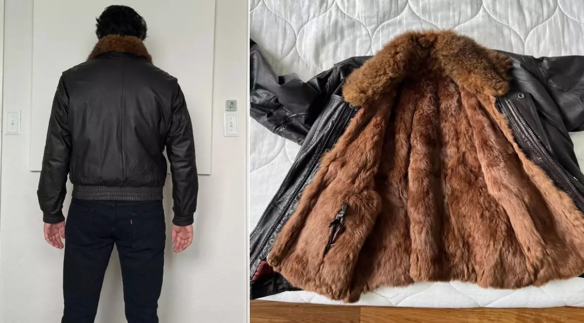 Colaj din două fotografii: în stânga un bărbat, cu spatele, îmbrăcat cu o geacă de piele neagră, iar în stânga geaca de piele, deschisă pe un pat, cu blană maro pe interior