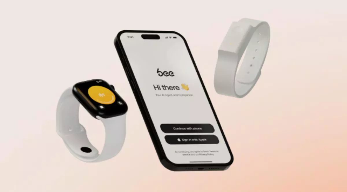 Brata cu AI Bee, asezata langa un iPhone și un Apple Watch deasupra unui fundal portocaliu deschis.