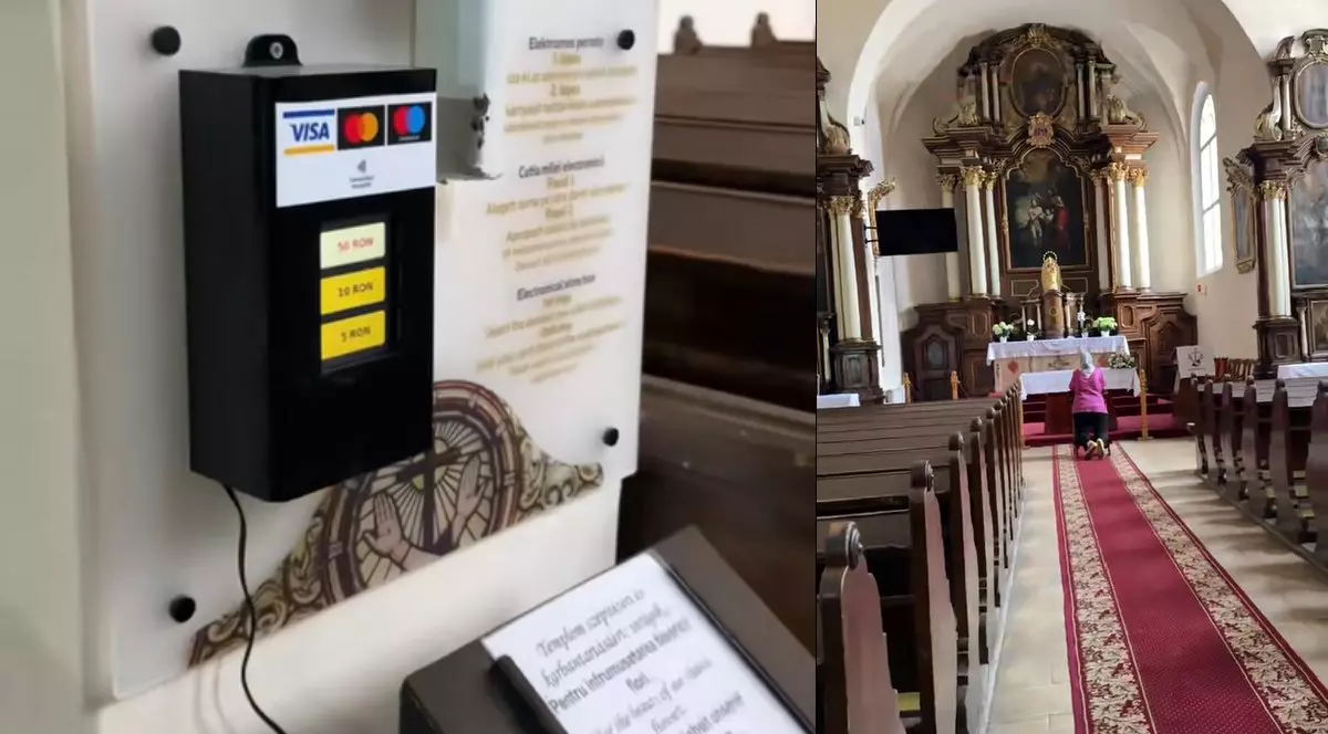 Un terminal POS montat lângă cutia milei, într-o biserica din Brașov/ o femeie se roagă în biserica SF Ioan din Brasov