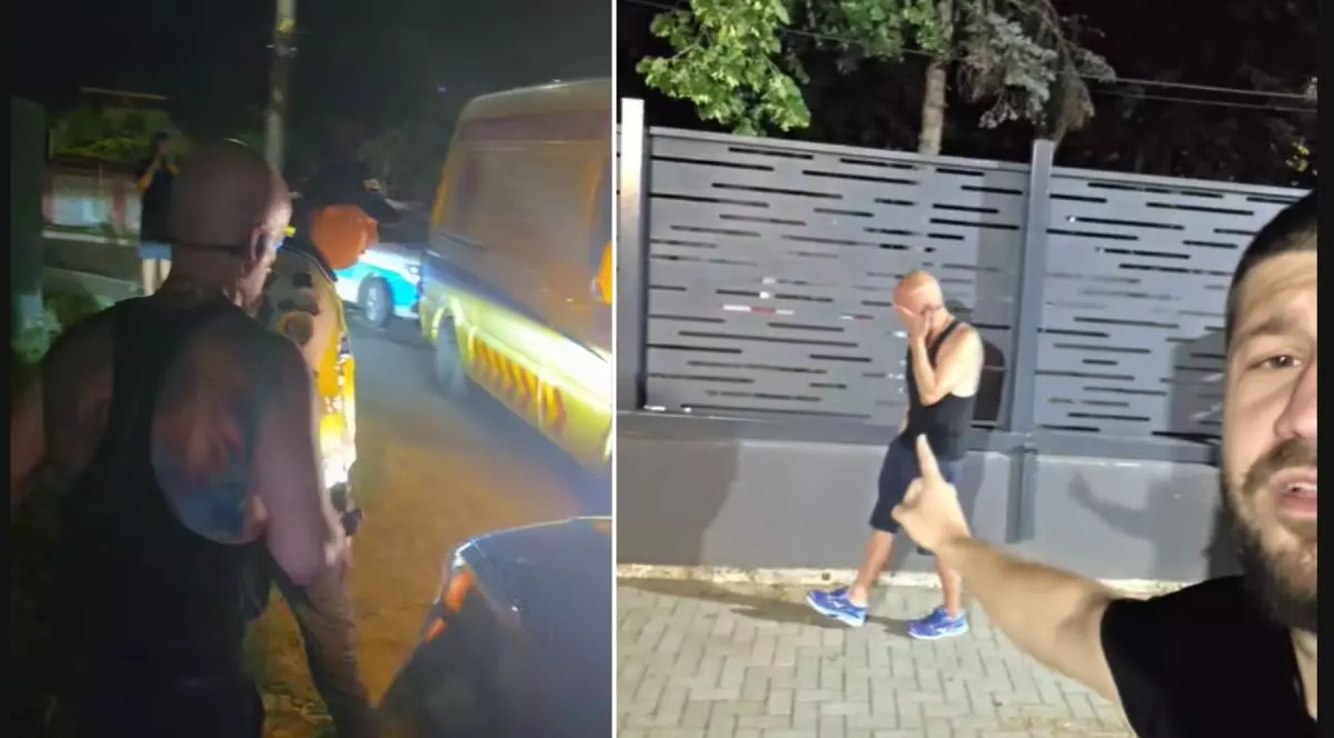 Bogdan Petre, îmbrăcat într-un maiou negru și pantaloni scurți escortat de un polițist îmbrăcat în uniformă de vară cu cămașă cu mânecă scurtă, în apropierea unei dube de intervenție și o mașină de poliție marca Dacia Logan cu autocolantul specific amplasat pe capotă și uși