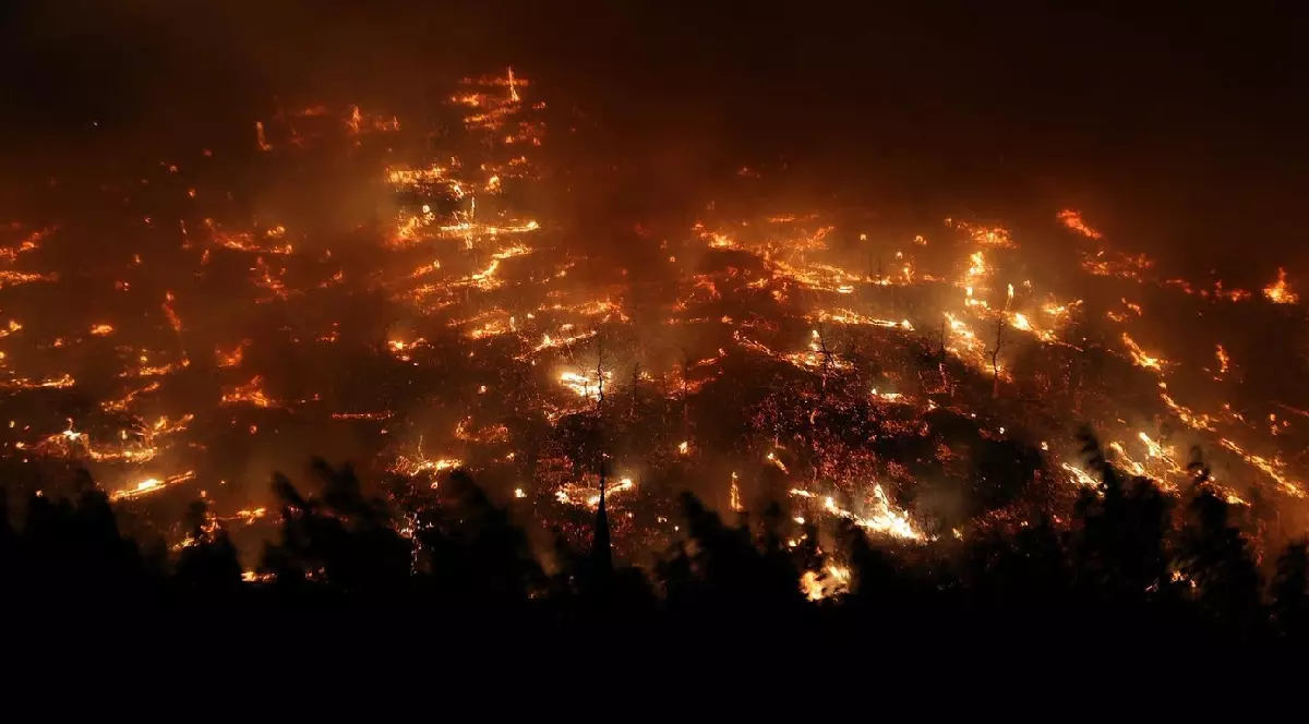 O imagine a flăcărilor care se ridică după izbucnirea unui incendiu forestier în Bursa, Turcia, pe 26 iulie 2025.