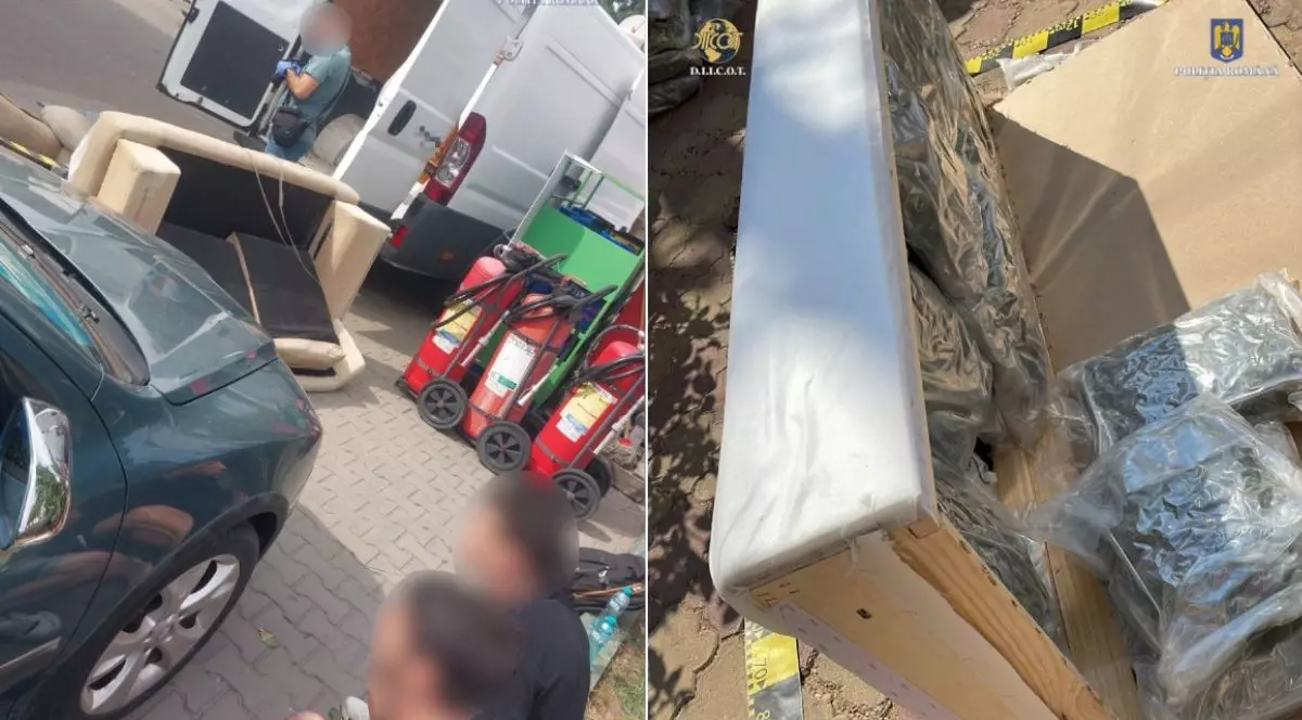 Colaj cu un flagrant asupra a doi tineri care au vrut sa aduca droguri in Romania, ascunse intr-o canapea. In poza din stanga se vede o dubă alba, canapeaua este coborata pe trotuar, iar in planul apropiat cei doi tineri stau asezati, incatusati pe marginea drumului si au fetele blurate, iar in imaginea din dreapta se vede canapeaua desfacuta, in care se afla multe pungi cu canabis. 17 iulie 2025, DIICOT