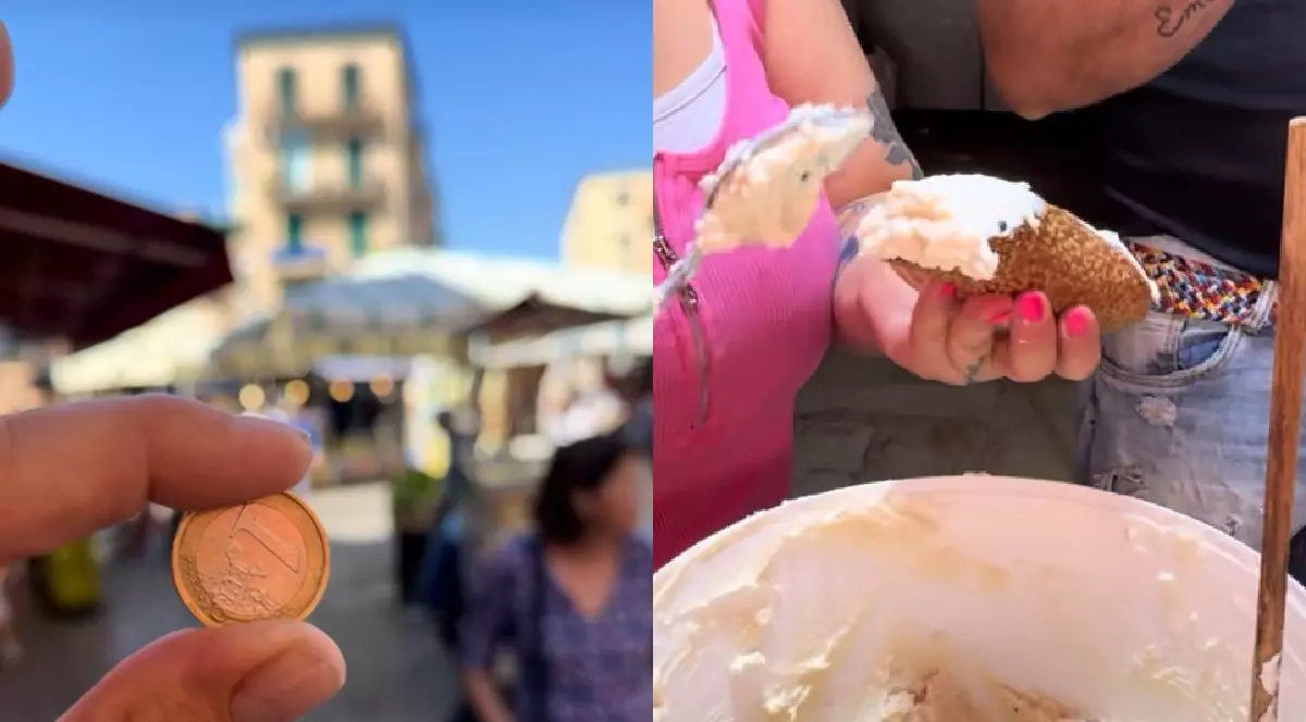 Un bărbat ține în mână o monedă de un euro/ O femeie in maieu roz umple un cannolo