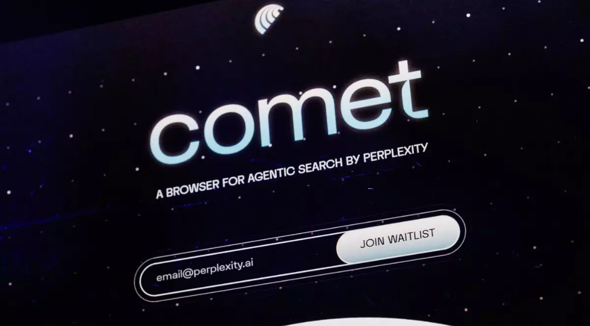 Noul browser Comet, lansat de Perplexity, deschis pe monitorul unui laptop, cu logo-ul Comet, pe fundal negru