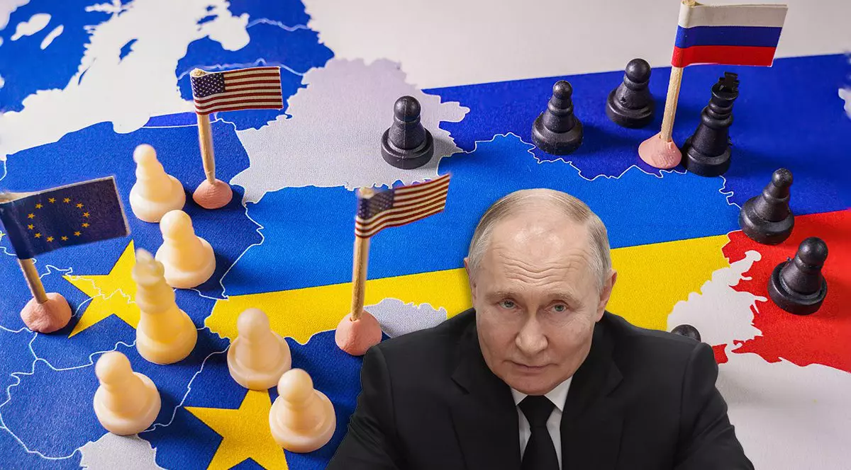 Steagurile UE, SUA și Rusia cu piese de șah simbolizând conflictul și controlul Ucrainei