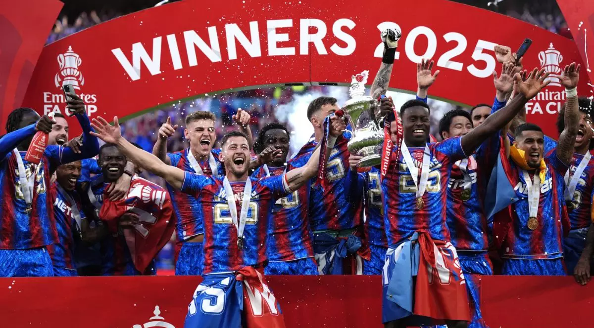 File photo dated 17-05-2025 of Crystal Palace players celebrating with the FA Cup. Crystal Palace have been forced to drop down to the Conference League after falling foul of UEFA's rules on multi-club ownership. Issue date: Friday July 11, 2025.,Image: 1021010424, License: Rights-managed, Restrictions: FILE PHOTO Use subject to restrictions. Editorial use only, no commercial use without prior consent from rights holder., Model Release: no