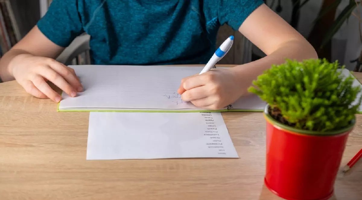 Cum faci diferența între omonime, sinonime și antonime – Un copil își face temele la limba română, scriind cuvinte noi în caiet pentru a-și îmbogăți vocabularul, exersând cuvinte și expresii