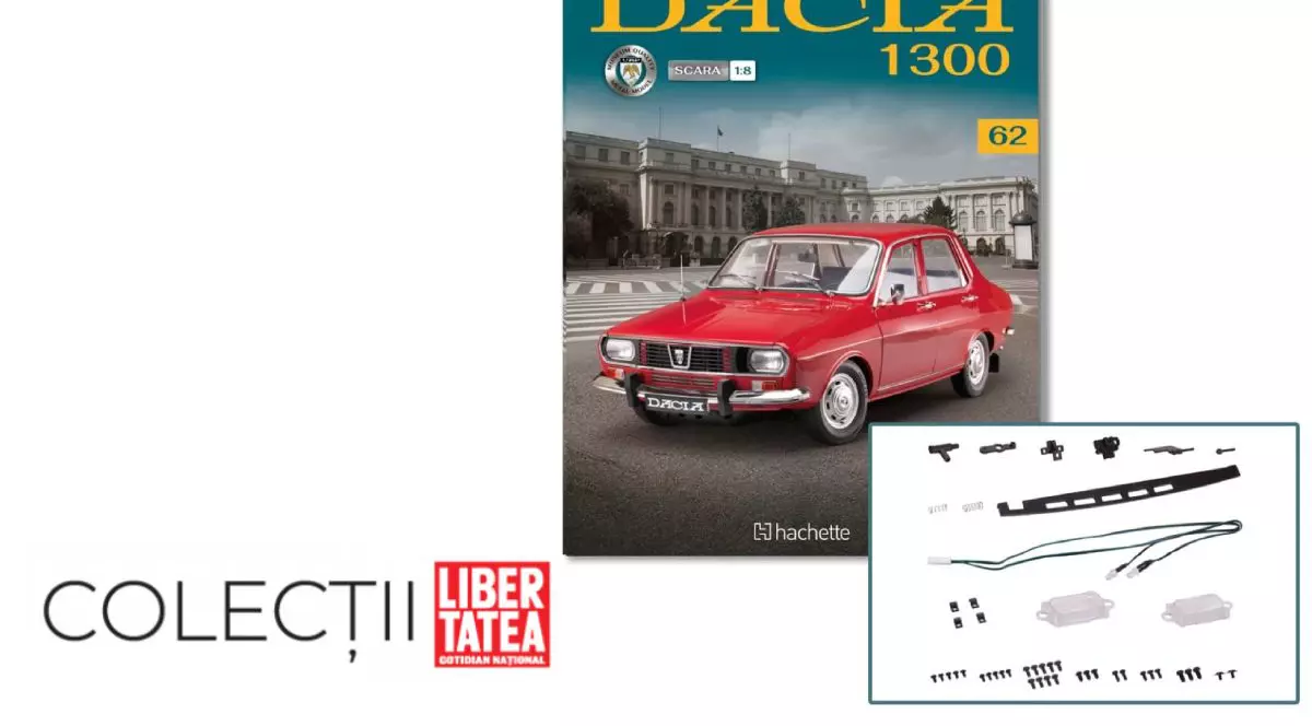 Copertă de revistă cu o Dacia 1300 de culoare roșie și piesele pentru o machetă, lângă logo-ul Colecții Libertatea