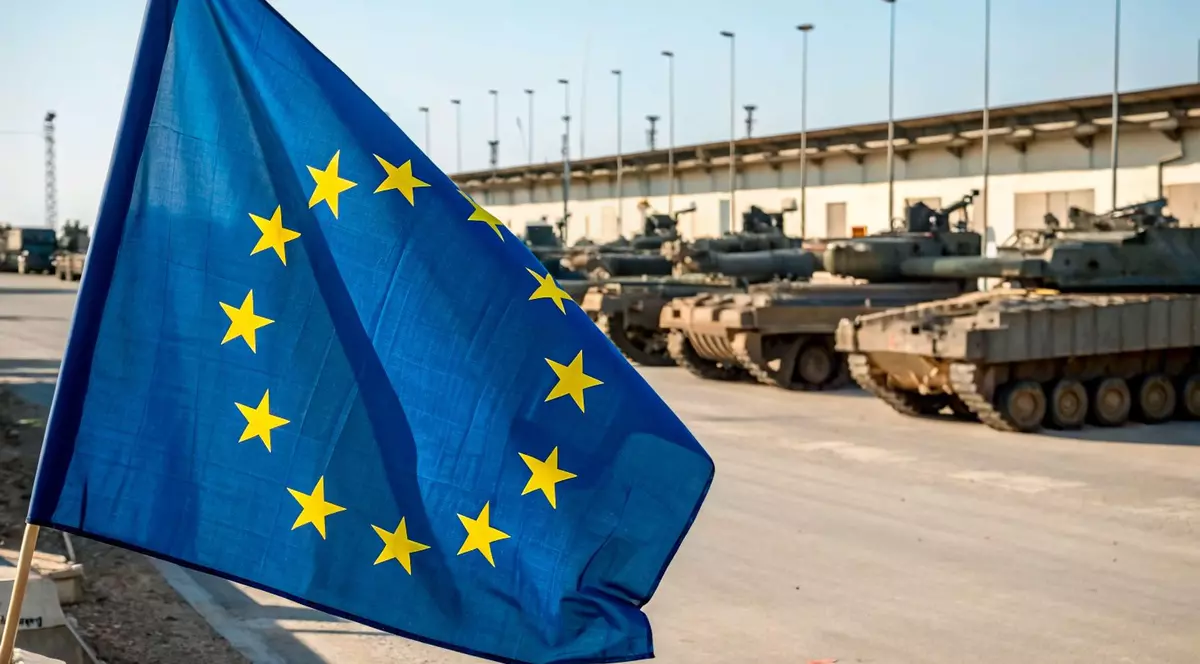 Imagine cu drapelul UE (stânga) și cu tancuri (dreapta)
