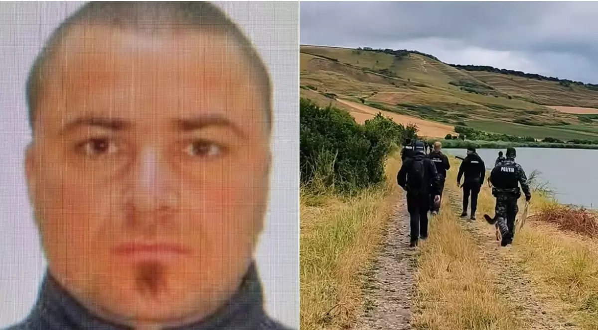 Colaj cu Emil Gânj, presupusul criminal din Mureș, in stânga o fotografie distribuită de poliția Română, in dreapta echipaje SIAS care il caută pe bărbat prin campuri, paduri, cu echipe canice