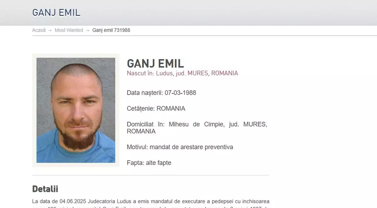 Fotografia lui Emil Gânj, pusă duminică, 13 iulie, pe site-ul Poliției Române
