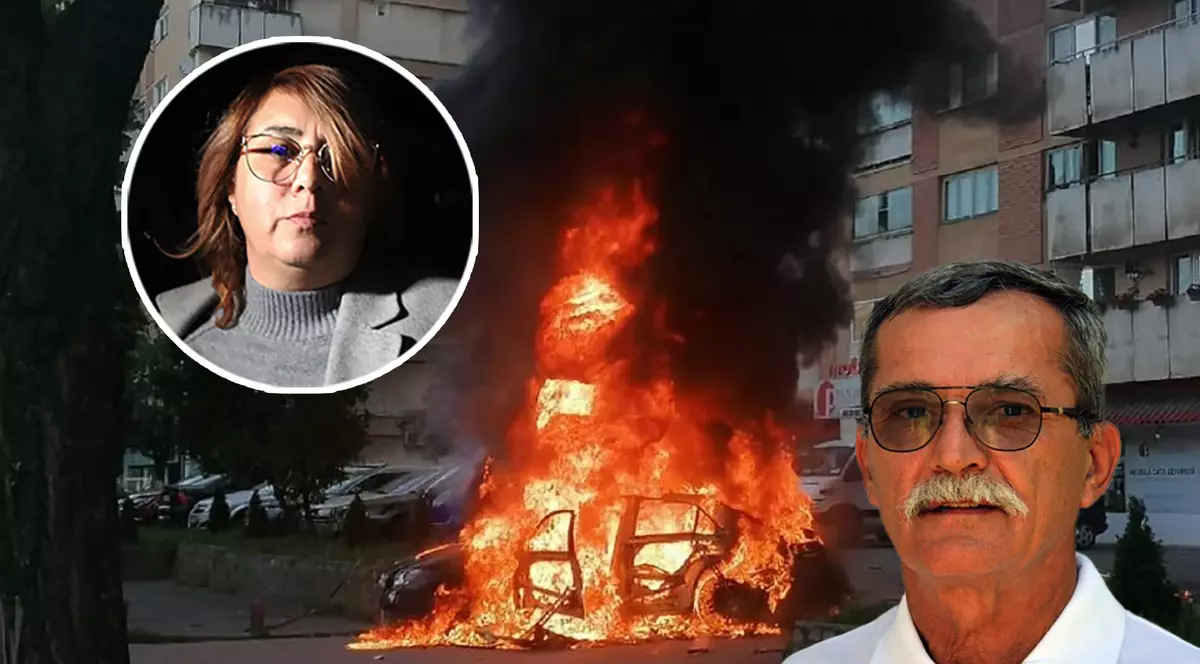 Colaj explozie Arad, Ioan Crișan, masina incendiata si Laura Crisan, fiica afaceristului