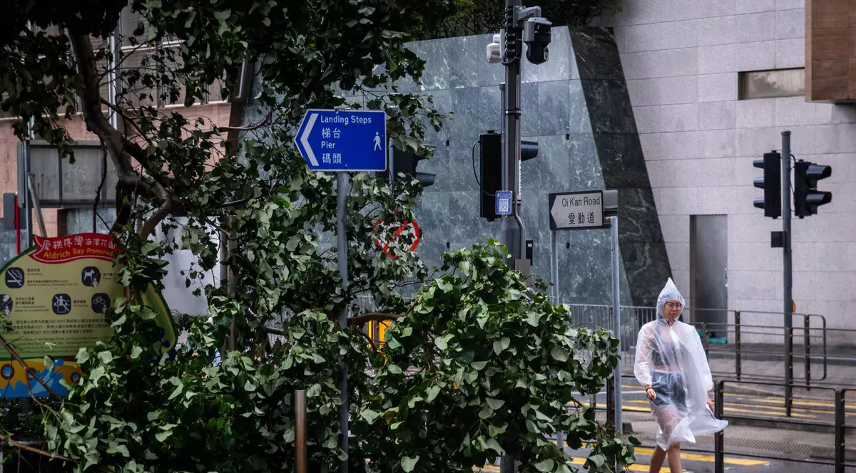 O femeie cu pelerină de ploaie trece pe lângă un copac căzut în cartierul din Hong Kong Sai Wan Ho în timpul taifunului Wipha.