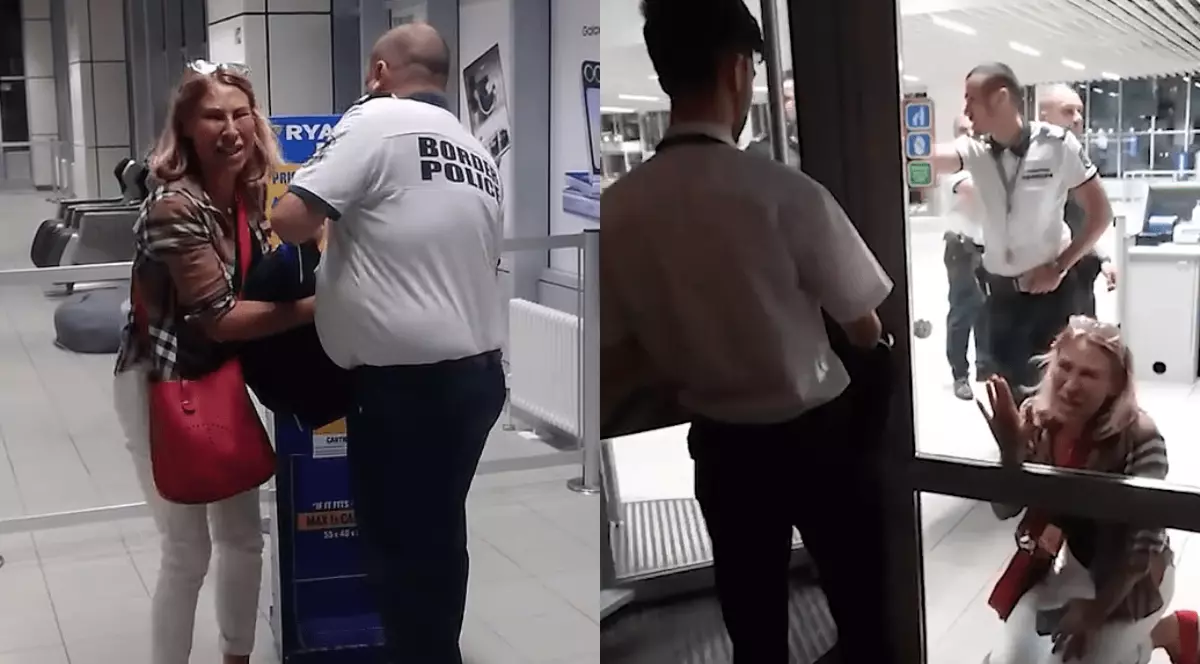 În colajul foto se vede cum femeia blondă se roagă de polițiști să o primească în avion cu bagajul, iar mai apoi, când ușile se închid și autobuzul pleacă se prăbușește în genunchi la podea