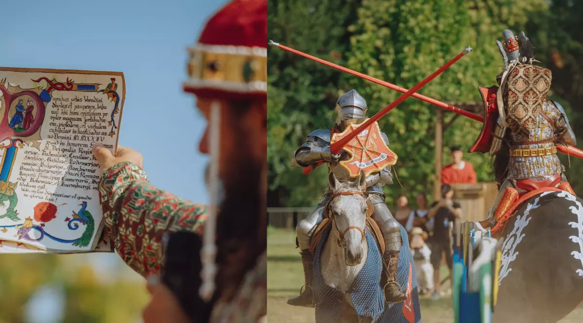 Colaj: În stânga: un bărbat îmbrăcat în haine medievale ține în mână niște hârtii/ În dreapta: Doi cavaleri se întrec într-un turnir