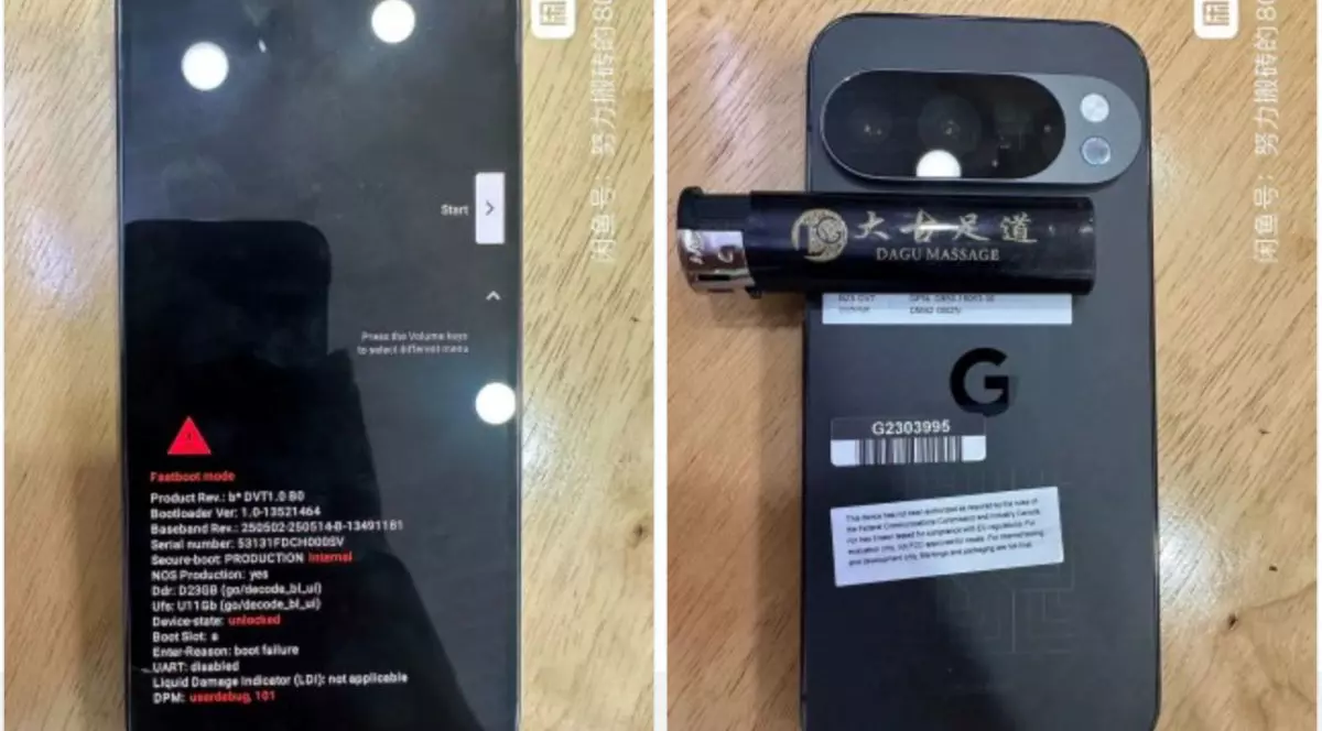 Imagine „scăpată” pe internet cu noul Pixel 10 Pro, de culoare neagră, cu fața și cu spatele, pe un fundal de lemn.