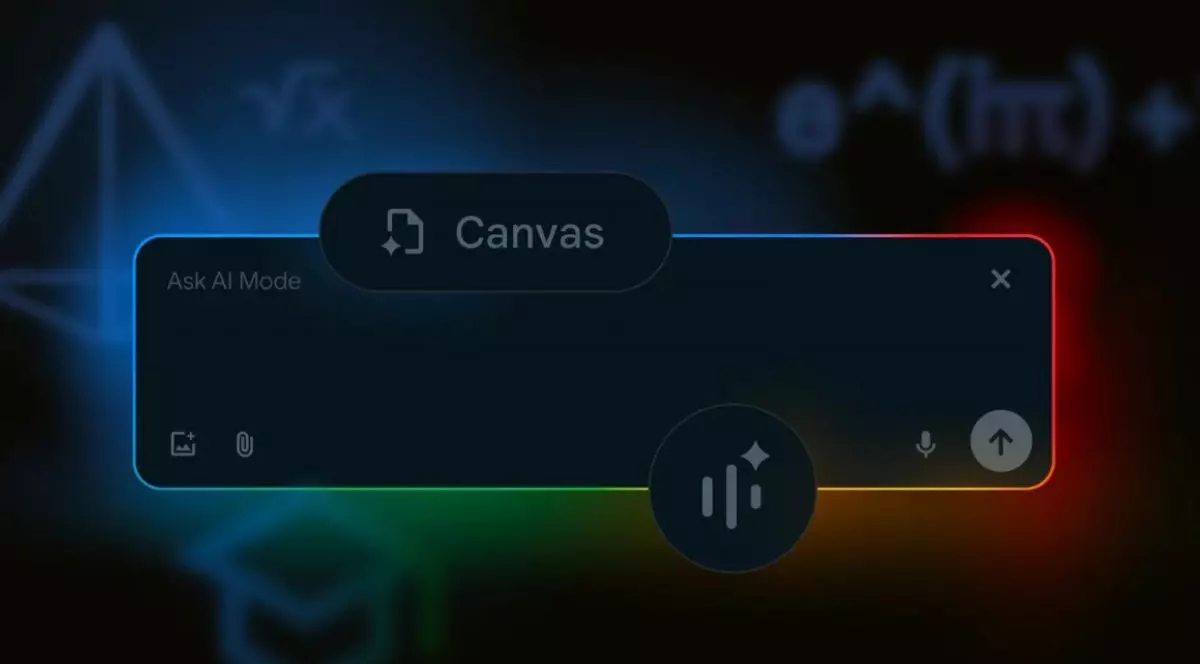 Noua bară de căutare Google AI Mode, pe un fundal închis la culoare, negru, albastru, verde și roșu.