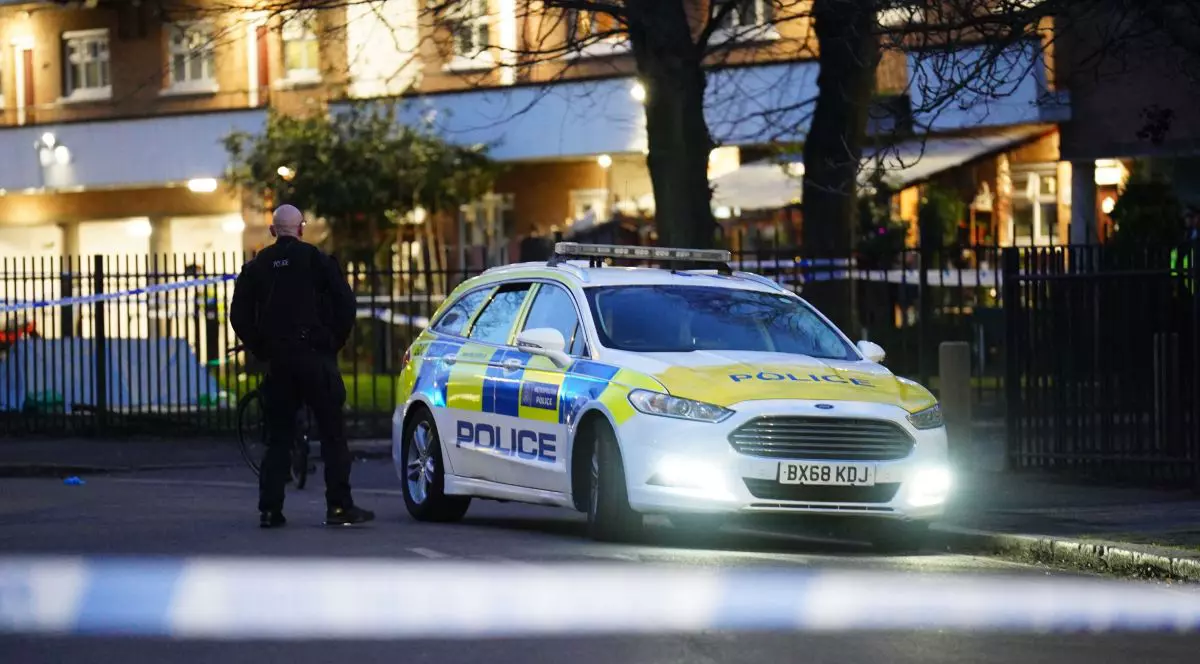 O mașină de poliție este parcată pe o stradă din Londra, în timp ce un polițist stă în picioare lângă autospecială, martie 2025