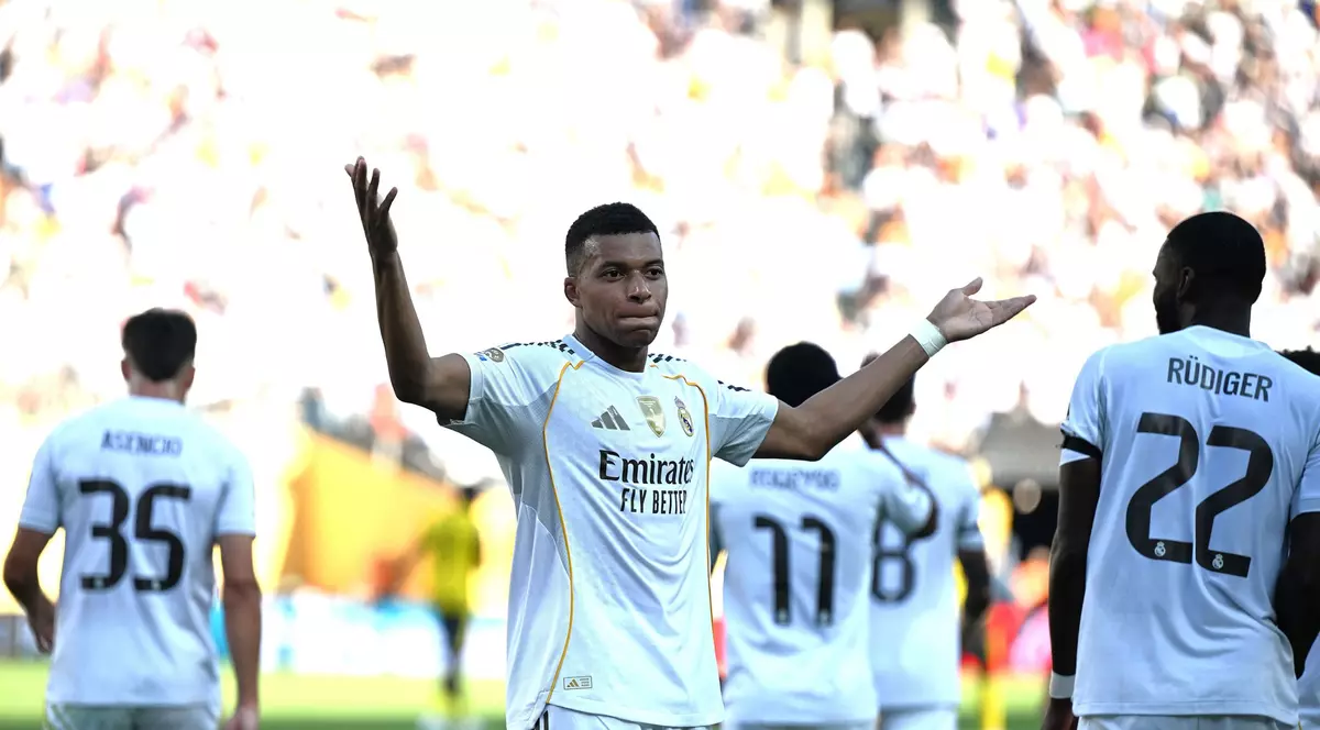 Kylian Mbappe of Real Madrid celebrates a goal during the quarterfinal match between Real Madrid (Spain) and Borussia Dortmund (Germany) at the FIFA Club World Cup 2025 in New Jersey, USA, on July 5, 2025. Photo by Wu Xiaoling/Xinhua/ABACAPRESS.COM