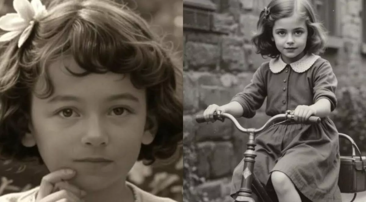 Imagine cu două imagini false ale victimelor holocaustului. În stânga se află o fetiță cu o floare în păr, iar în a doua fotografie (în dreapta) este o altă copilă, dar pe tricicletă