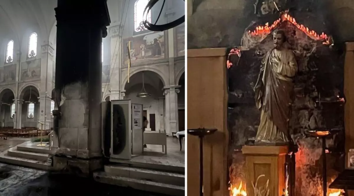 Colaj cu incendiile de la Biserica Notre-Dame-des-Champs, din Paris, 23-25 iulie 2025, se vede in imagini o statuie cu Isus in flacari in dreapta, in stanga interiorul bisericii ars, Suspectul este Pagubele sunt estimate la 2-3 milioane de euro