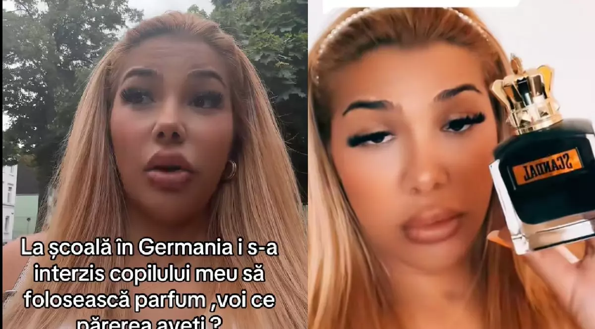 O femeie blondă, cu o dcordelută pe cap, arată un parfum