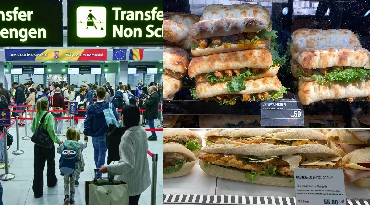 Oameni în Aeroportul Otopeni/ Sandvișuri în vitrină