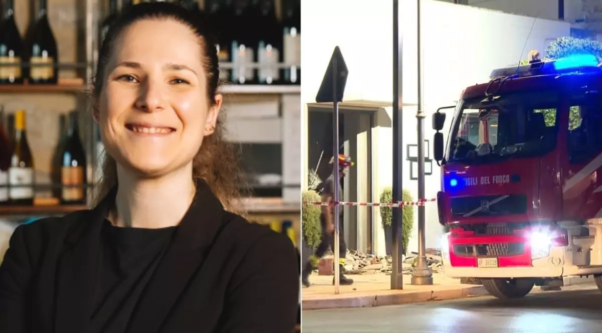 Colaj cu Mara Severin, tanara sommeliera decedata sub acoperisul cazut al unui restaurat din Italia, stanga, si imagini cu daramaturile de la restaurant, masini de pompieri cu lumini rosii si albastre