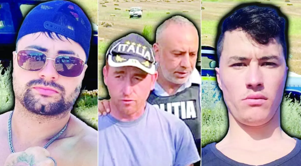 Colaj foto cu Mihai Savin, în stânga, cu ochelari de soare și o șapcă albastră pe cap, Cătălin Răzmeriță în centru, cu un tricou gri și o șapcă pe cap, ținut din spate de un polițist, și în dreapta Alexandru Ciocârlan, cu un maiou de culoare neagră